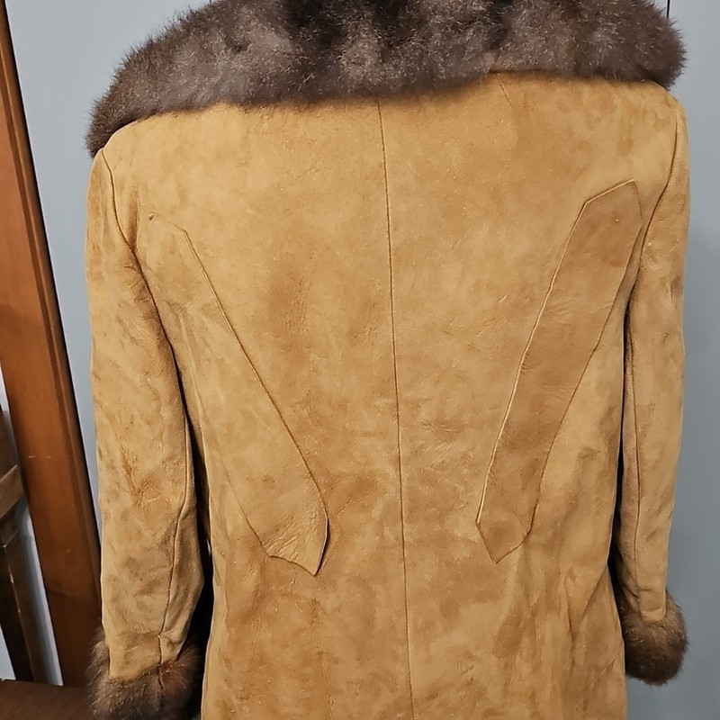 Vtg Camel Faux Fur-Trimmed Leather Coat Womens 14 Penny Lane 70s Afghan Hippie gallery
