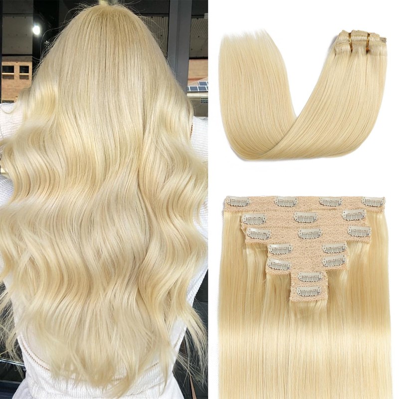 Mocona Clip in Hair Extensions Real Human Hair Bleach Blonde 14 Inch 7pcs 70g Pa