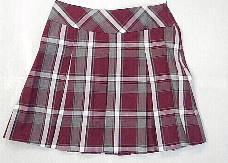 Girls R/K Maroon/Gray & White Plaid Box Pleat Uniform Skirt Reg.&plus Sz 7-201/2