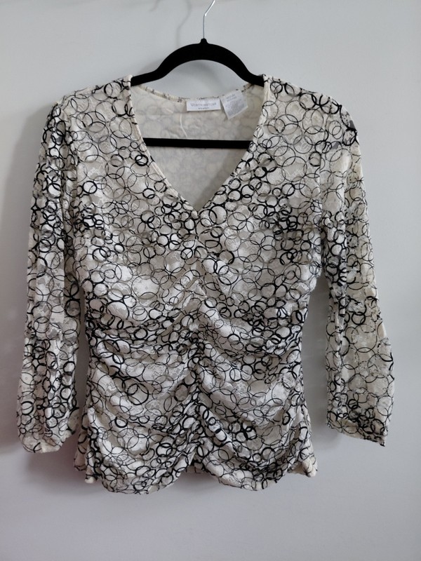 Y2K Rouched Blouse White Floral Lace with Black Circle Design
