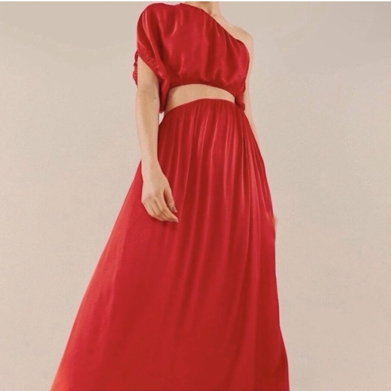 Farm Rio Women’s Red Satin One-Shoulder Crop Top & Maxi dress