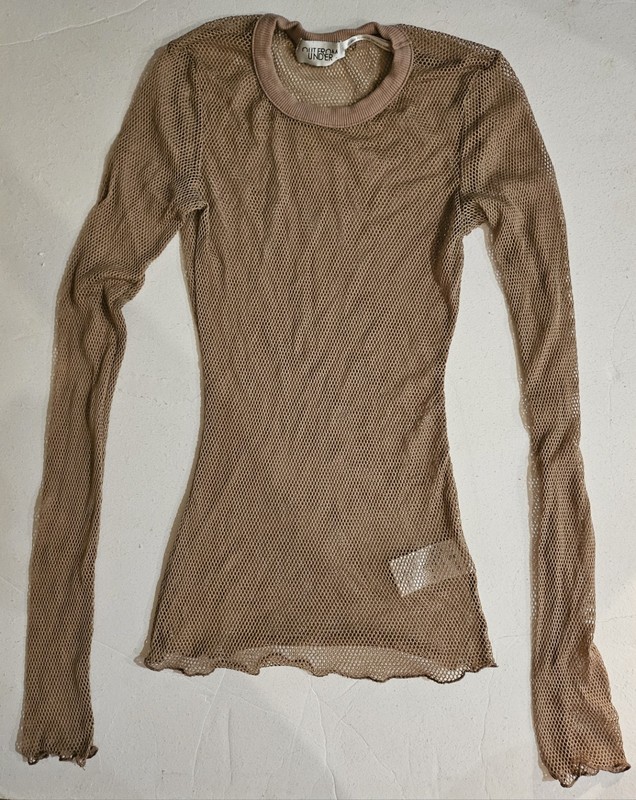 Out From Under – Nude Sheer Mesh Long-Sleeve Fishnet Top with Crew Neckline
