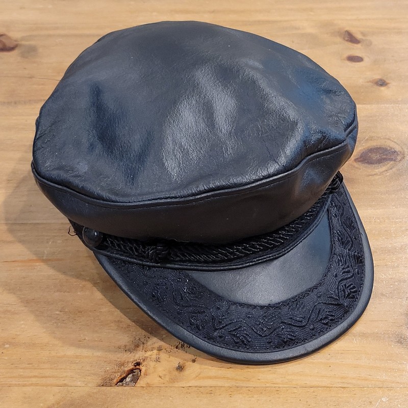 Vtg Black Leather Greek Fisherman Hat Medium Made in USA Mariner Biker Cap M gallery