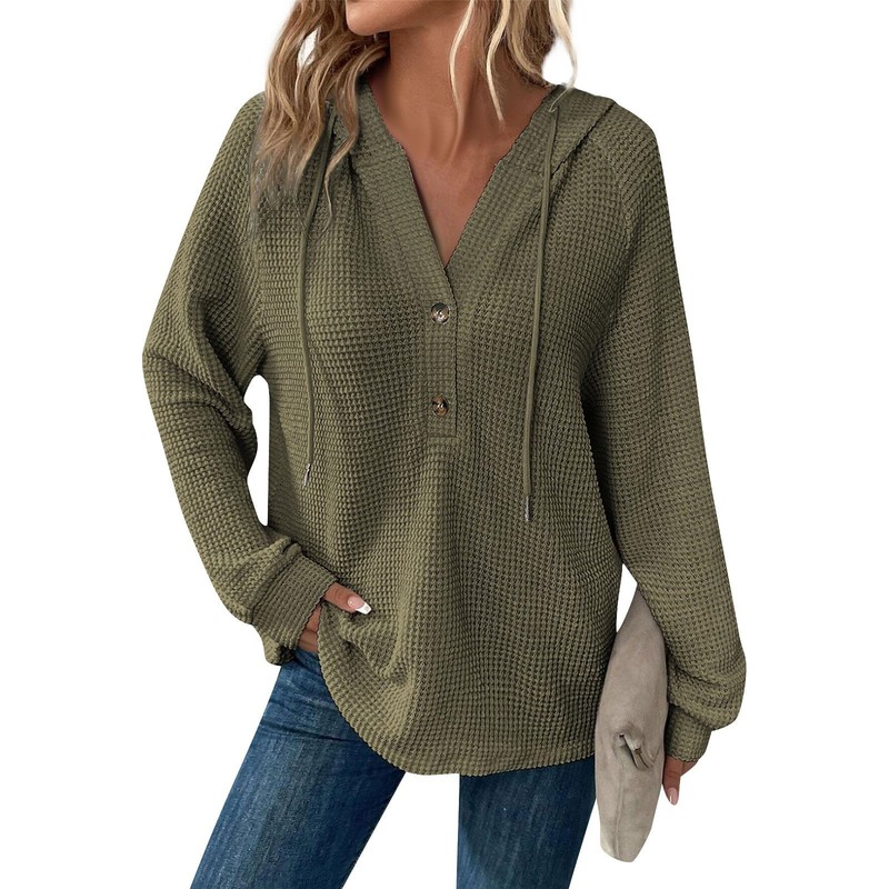 Casual Women's Solid Color Hoodie - Long Sleeve Relaxed Fit Waffle Weave Top gallery