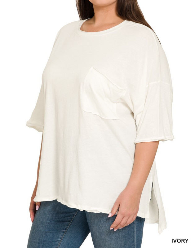 1X 2X 3X Round Neck Oversized Cotton T Shirt Raw Edge High Low Hem Front Pocket