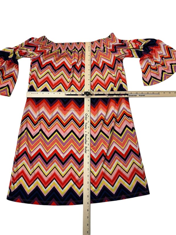 Trina Turk Retro Off The Shoulder Zig Zag Mini Swing Dress Flared Sleeve gallery