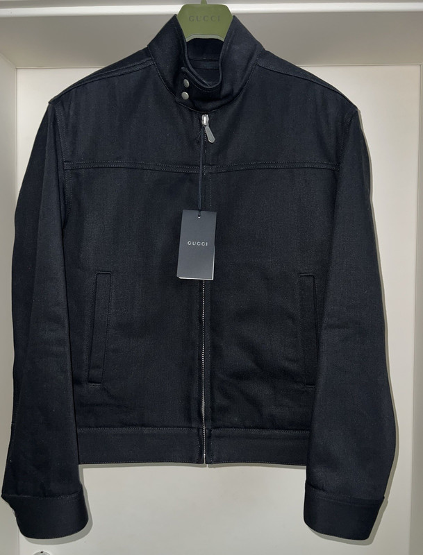 Gucci Men’s Denim Jacket Black Biker Stand Collar Zip Logo Size 44