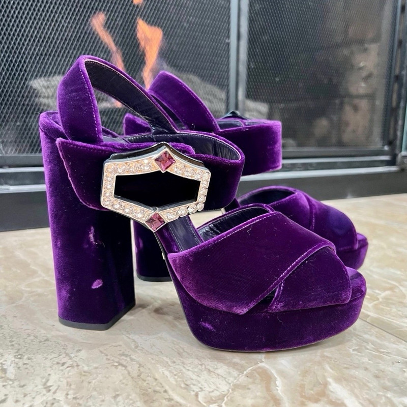 Prada Purple Velvet Rhinestone Buckle Platform Open Toe Ankle Strap, 37.5