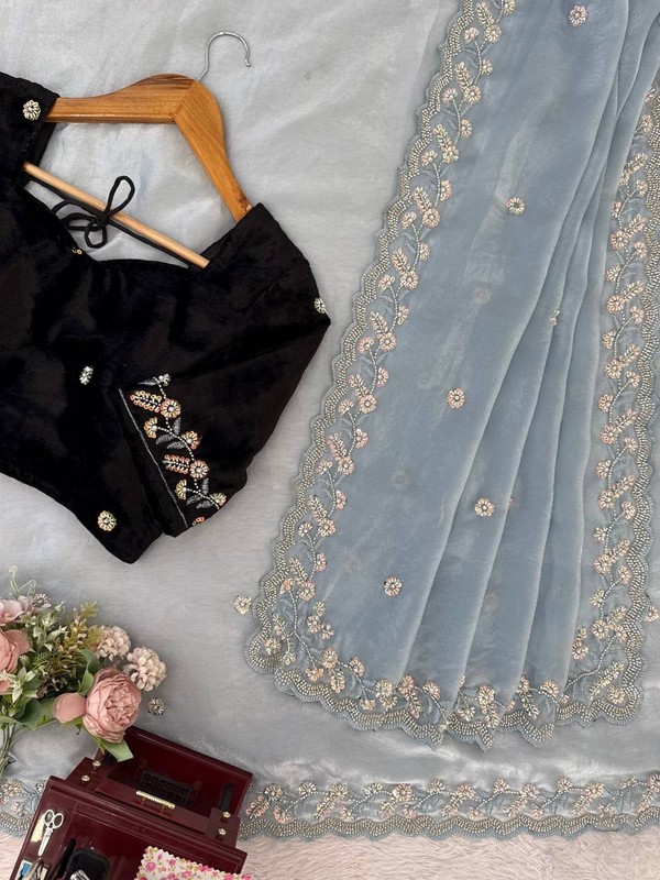 Beautiful Heavy Silk Sky Blue Saree With Blouse For Women Wedding Wear gallery