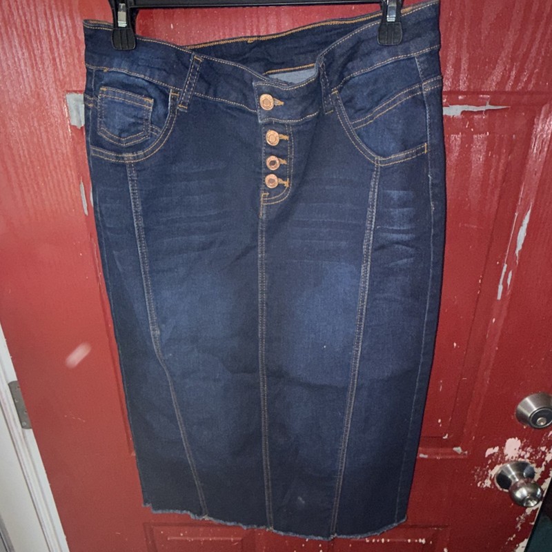 BE-GIRL Women’s Blue Denim Straight Pencil Knee-Length Button Skirt Size L