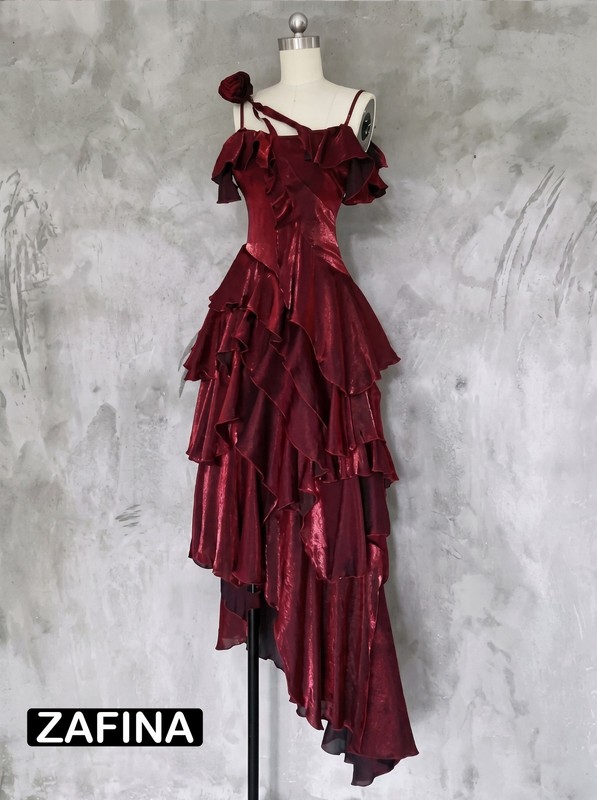 Human Ephemeral Red Mermaid Dress Ruffled Slip Maxi Gown Designer Style
