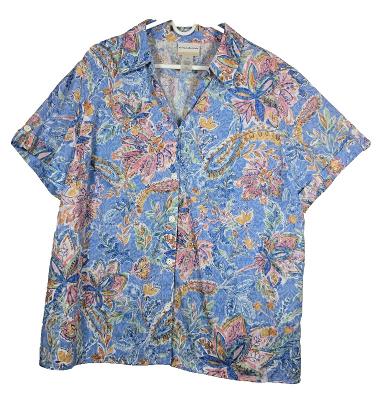 Alfred Dunner Womens Blouse Floral Button-up Pink & Blue Short Sleeves Cuffed 2X