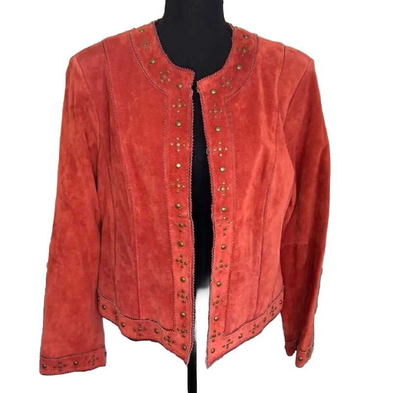 🦄🧥🧡PAMELA MCCOY Dark Tangerine 💯 Leather Hook & Eye Coat Sz L