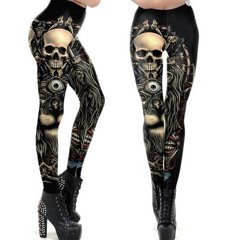 Women Gothic Punk Biker Leggings Ankle Pants Cosplay Skull Dominatrix style