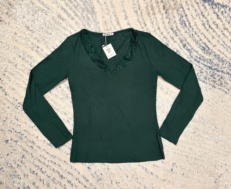 Womens Lace V Neck Long Sleeve TopSlim Fit Stretch Casual Basic Blouse Green XXL
