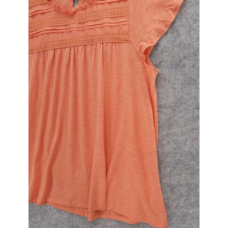 Ella Moss Ruffle Neck Top Crochet Trim Flutter Sleeve Blouse Coral Size L gallery
