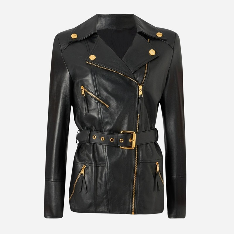 Women’s Lambskin Leather Moto Jacket Black Slim Fit Belted Gold Zip Biker