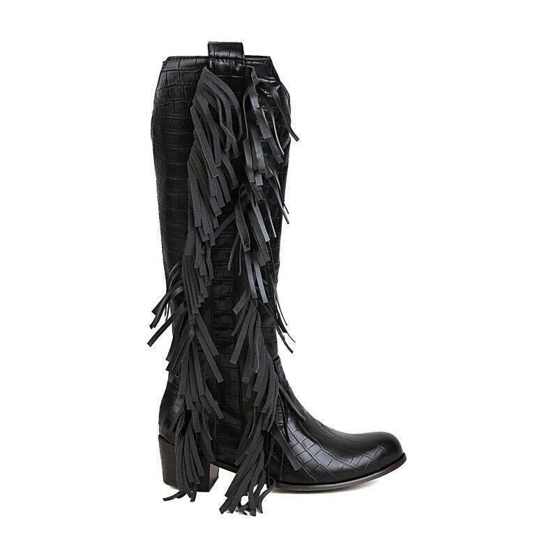 Women's Fashion Western Cowgirl Fringe Tassels Vintage High Boots Nightclub Date gallery