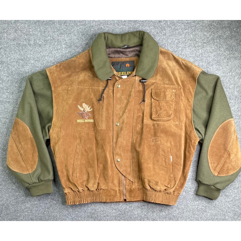Treeline Outfitters Suede Bomber Jacket Mens XXL Brown Moose Embroidery Peerless