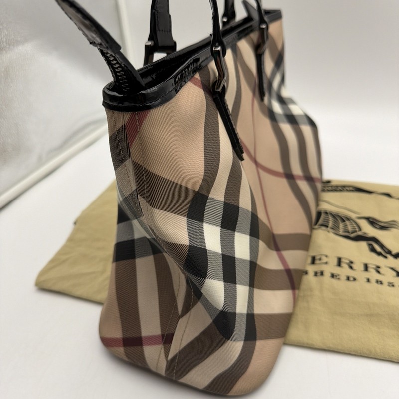 Burberry Super Nova Tote Check Plaid Black Patent Leather Shoulder Bag Purse gallery