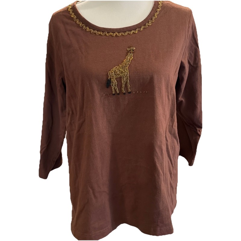 Vtg Quacker Factory Beaded Giraffe Shirt 3/4 Sleeve Animal Brown