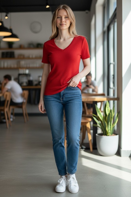 Cyrus Essentials Women Ribbed Short Sleeve Top, V, Scoop, & Crew Neck