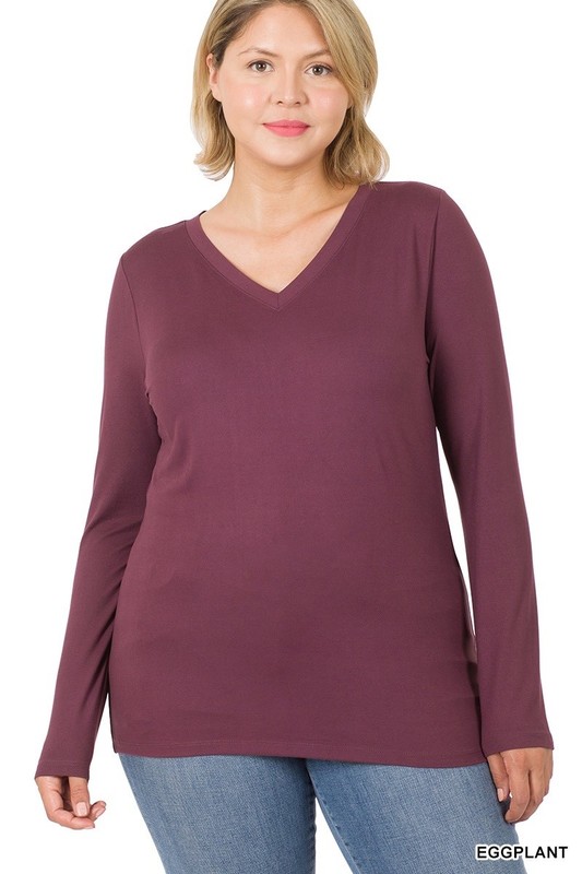 ZENANA PLUS BRUSHED MICROFIBER LONG SLEEVE V-NECK TEE – EGGPLANT – 2X