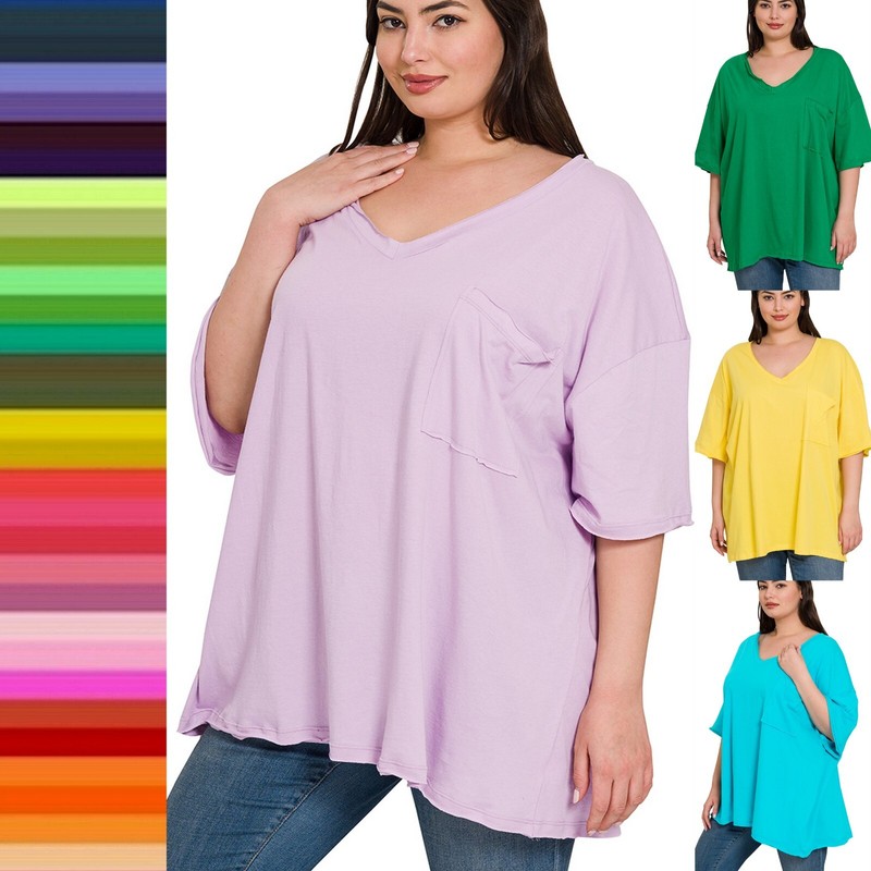 1X 2X 3X Oversized Cotton Raw Edge V Neck T Shirt Short Sleeve Tee Front Pocket