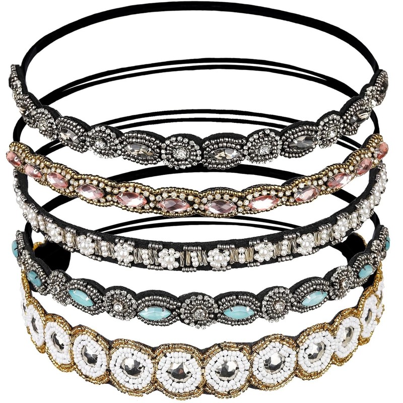 5pcs Hairbands for Women, 5 Rhinestone Beaded Headbands, Head Bands for Women...