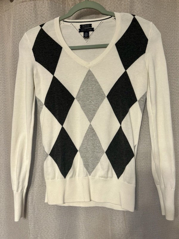 Tommy Hilfiger Women’s XS Argyle V-Neck Pullover Sweater Cotton White/Gray/Black