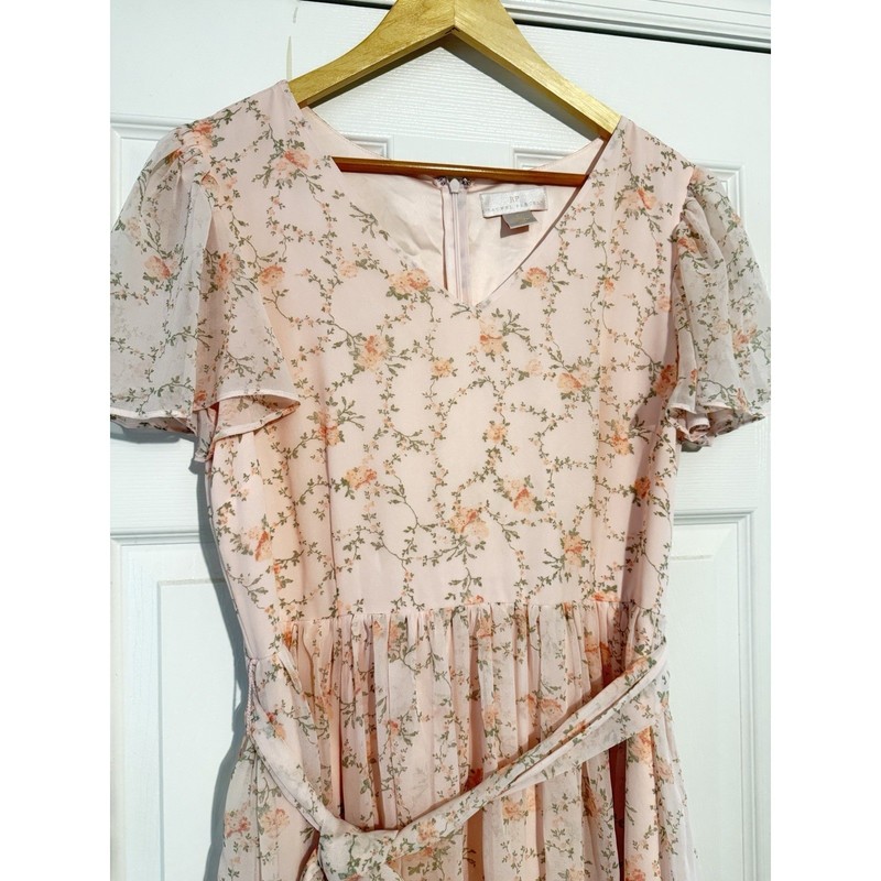Rachel Parcell Floral Midi Dress Womens Large Pink Flutter Sleeve Chiffon Belted gallery