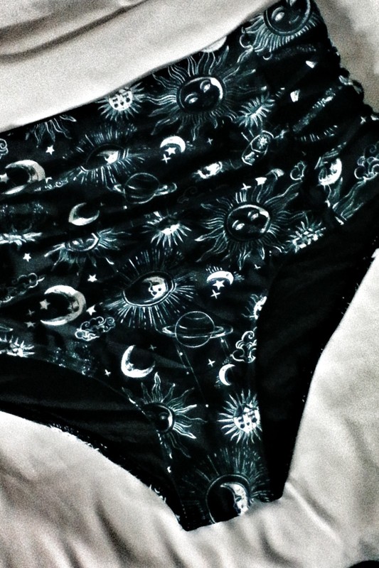 Black & White Celestial Mesh Panel High-Waisted Swim Bottoms Only. Size medium