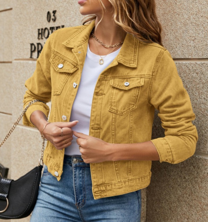 Women Casual Denim Jacket Lapel Pocket Single Breasted Long Sleeve Loose Outerwe gallery