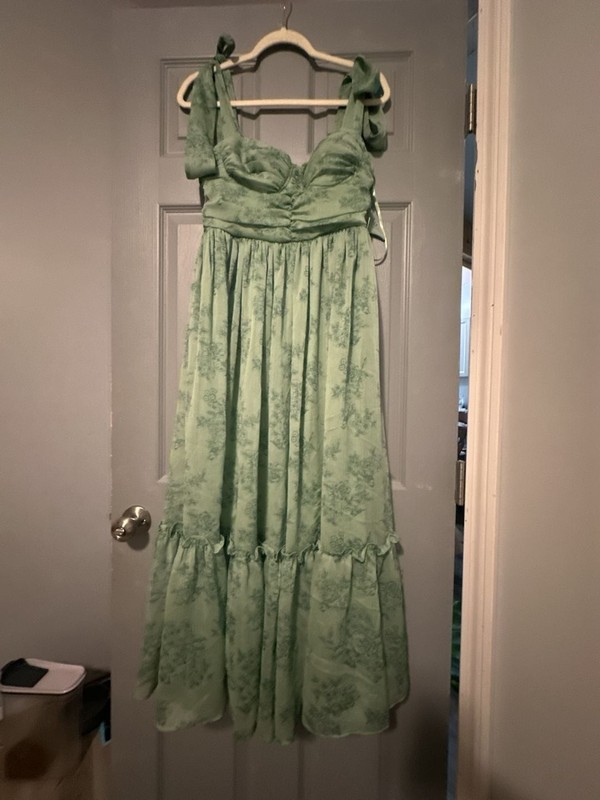 Premier Amour Sage Olive Floral Chiffon Sweetheart Neck Tie Shoulder Maxi Dress