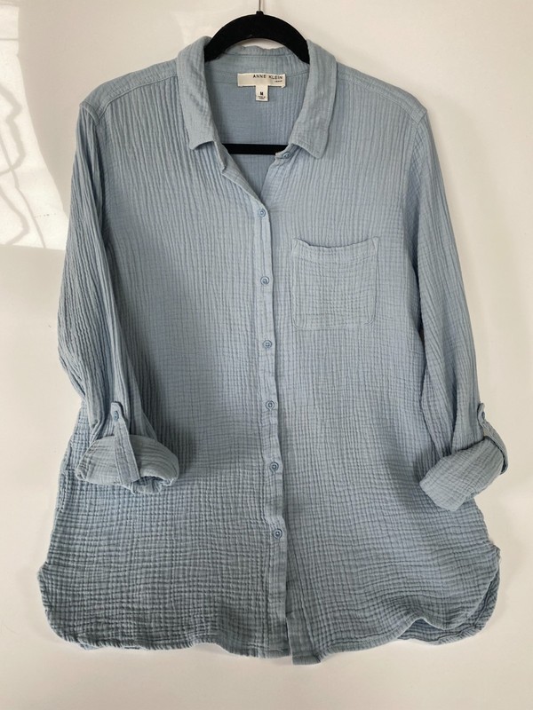 Anne Klein Womens Muslin Linen Button Down Top, Medium, Dusty Blue, Roll Tab