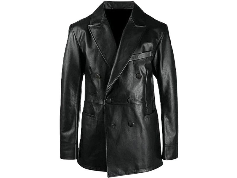 Men’s Black Lambskin Leather Blazer Handmade Long Lapel Double Breasted Blazer
