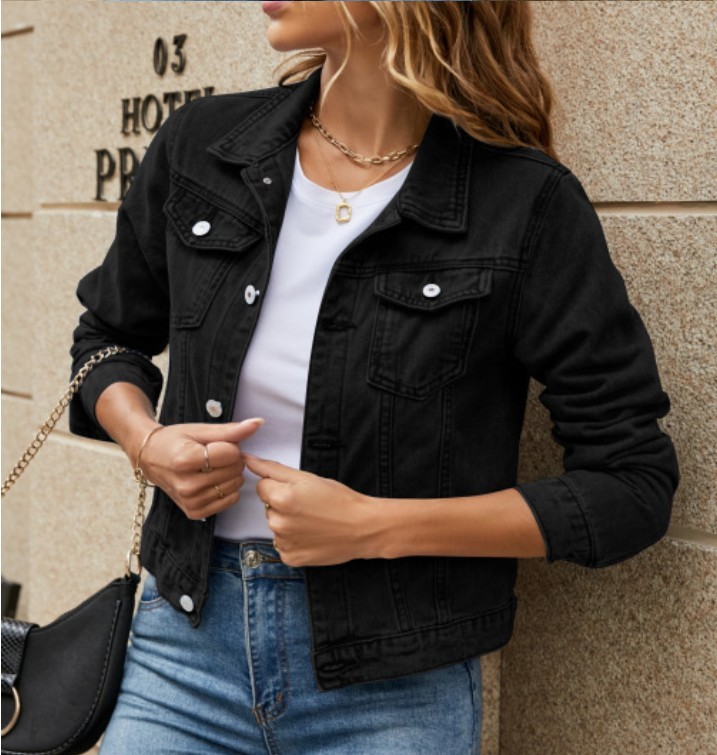 Women Casual Denim Jacket Lapel Pocket Single Breasted Long Sleeve Loose Outerwe gallery