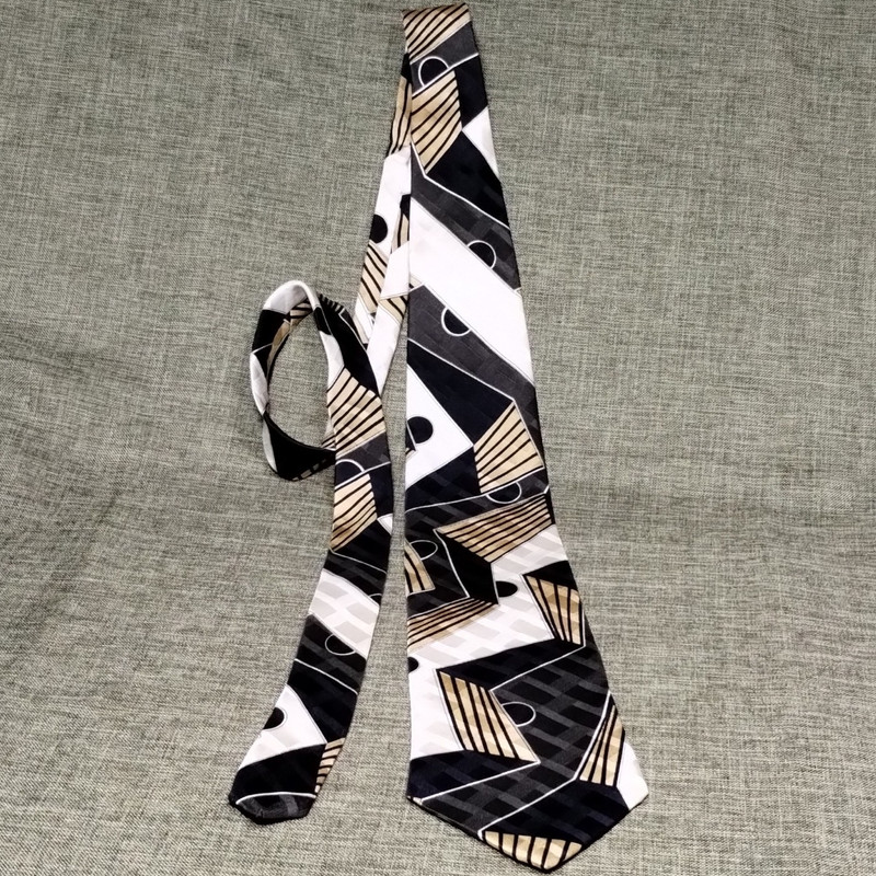 Thom Leffler Handmade Pure Silk Geometric Tie Black Beige White Gray