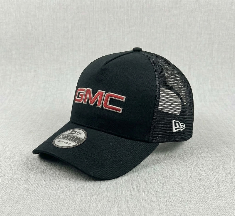 GMC Red Logo Embroidered 9FORTY Trucker Hat Black Mesh Cap Men’s