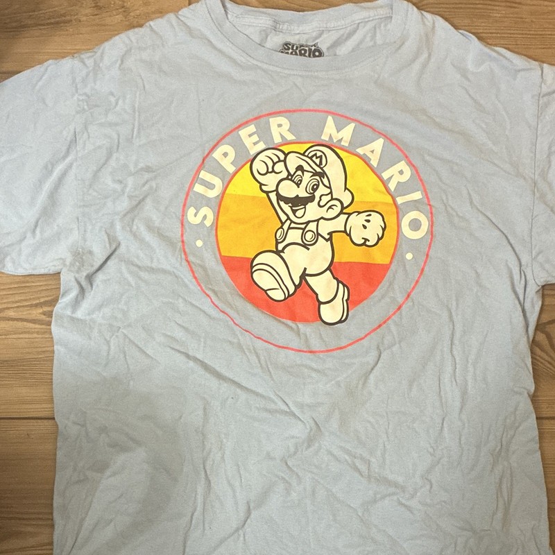 Nintendo Super Mario Mario Boys Light Blue Graphic Tee Shirt L Cotton Crew