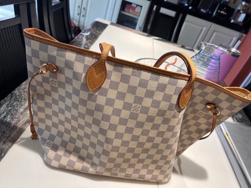 Louis Vuitton Neverfull MM Damier Azur Beige Gray Tote Pouch Gold Hardware