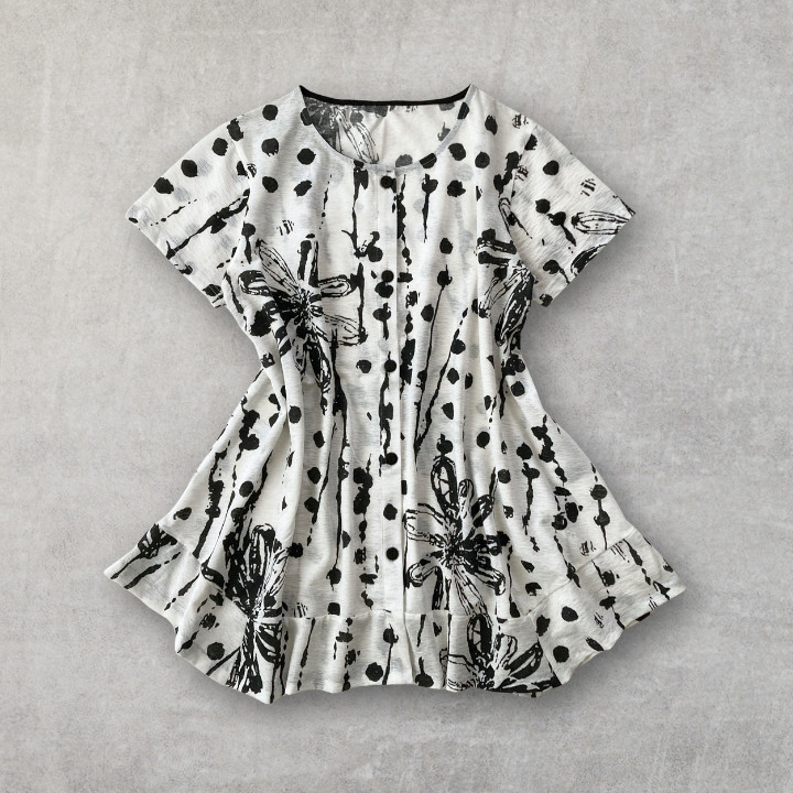 Monotone Abstract Floral Splatter Stretch Button Up A Line Tunic Short Sleeve
