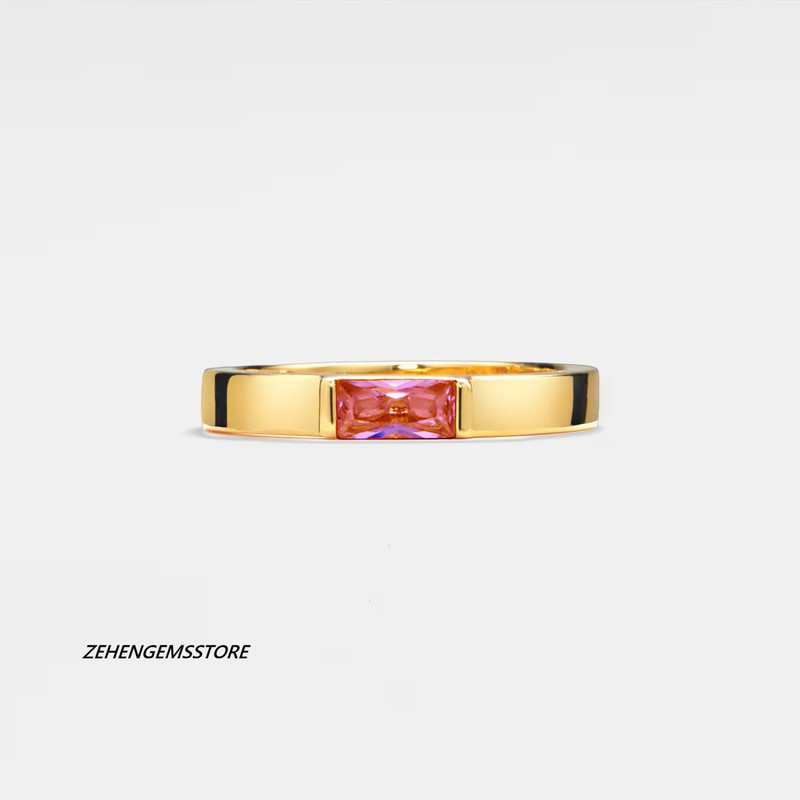 Pink Sapphire Ring Lab Created 925 Silver Gold Plated Princess Cut Band Ring