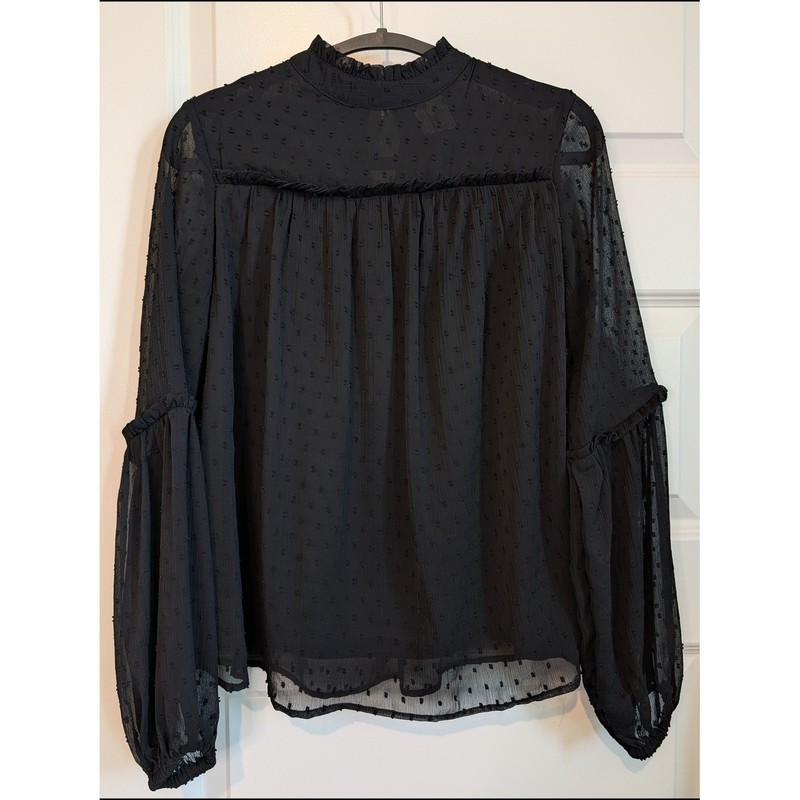 Japna Black Sheer Swiss Dot Ruffle-Neck Long Sleeve Blouse