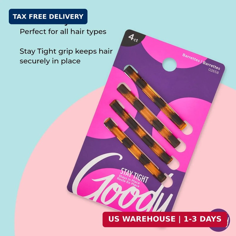 Goody Stay Tight Hair Barrettes, 4 Ct, Mock Tort, SlideProof Flat Clips, Comfort gallery