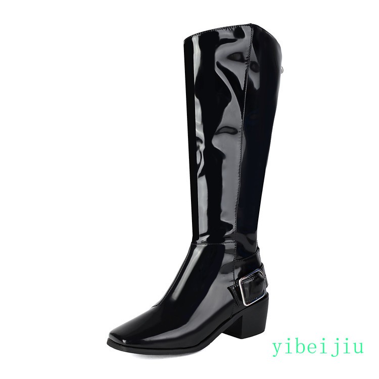 Women’s Pull On Leather Knee High Boots Mid Low Heel Riding Shoes Plus Size Punk