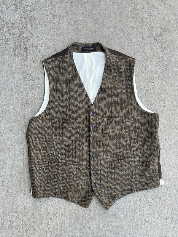 Double RL & Co. Men’s Brown Herringbone Tweed Tuxedo Suit Vest 40R Adj