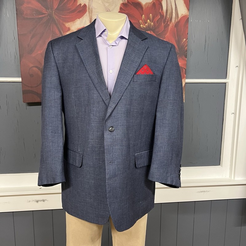 Jos A Bank 👉Altered👈 Wool Linen Blazer Mens 43R Navy Plaid gallery