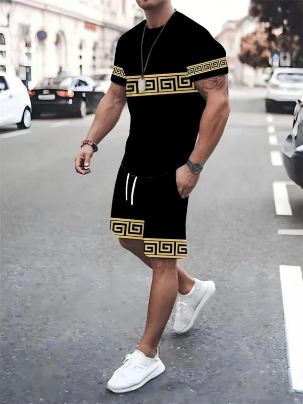 Men 2-Piece Set Summer Outfit Short Sleeve Sweatshirt T Shirts and Shorts Suits
