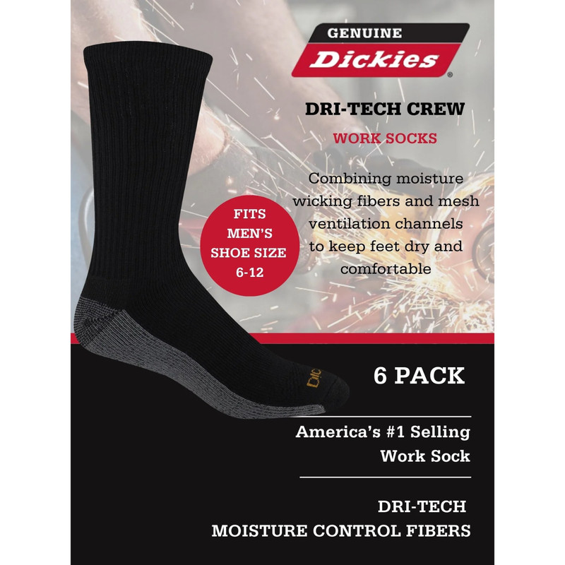 6 Pack Genuine Dickies Mens Dritech Crew Socks Moisture Control Black Size 6-12 gallery